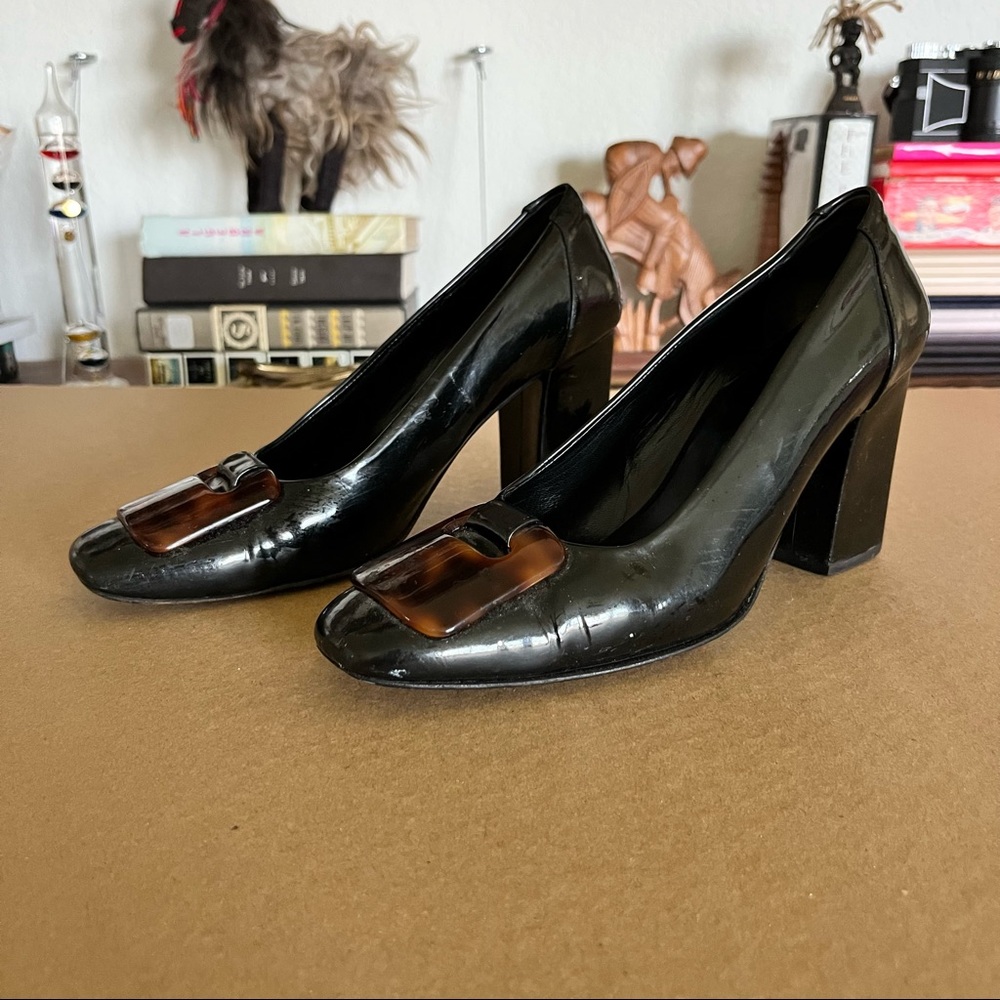STEPHANE KELIAN Black Patent with Tortoise Buckle Block Heel